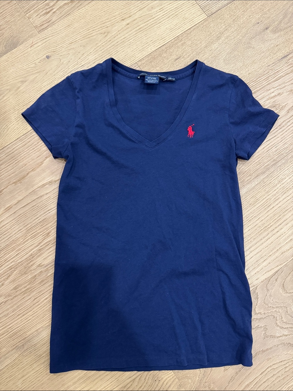 Ralph Lauren Navy V-Neck Tee with Red Pony Embroidery